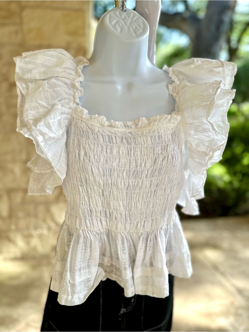 Banana Republic White Smocked Ruffle Sleeve Peplum Top